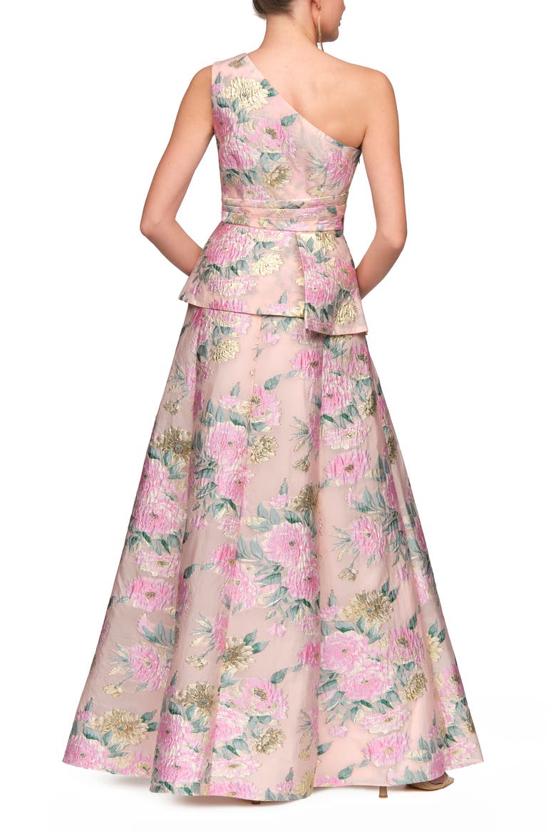 Mia One Shoulder Floral Metallic Jacquard Peplum Gown, Alternate, color, BLUSH MULTI