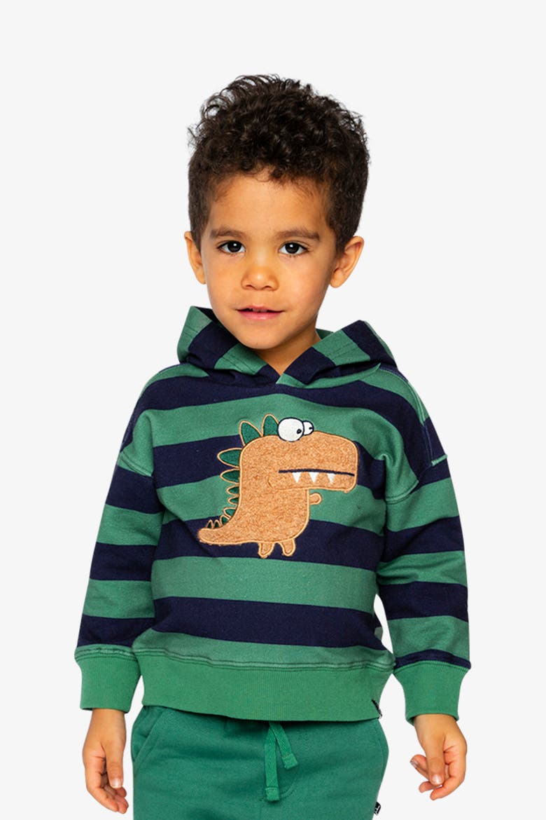 Fleece Dino Applique Striped Hoodie, Alternate, color, Blue Striped Green
