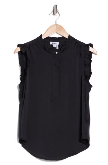 Dkny Ruffle Sleeve Covered Half Placket Satin Top