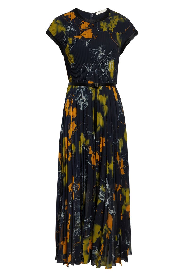 Shadow Floral Print Pleated Georgette Midi Dress, Alternate, color, ULTRA NAVY