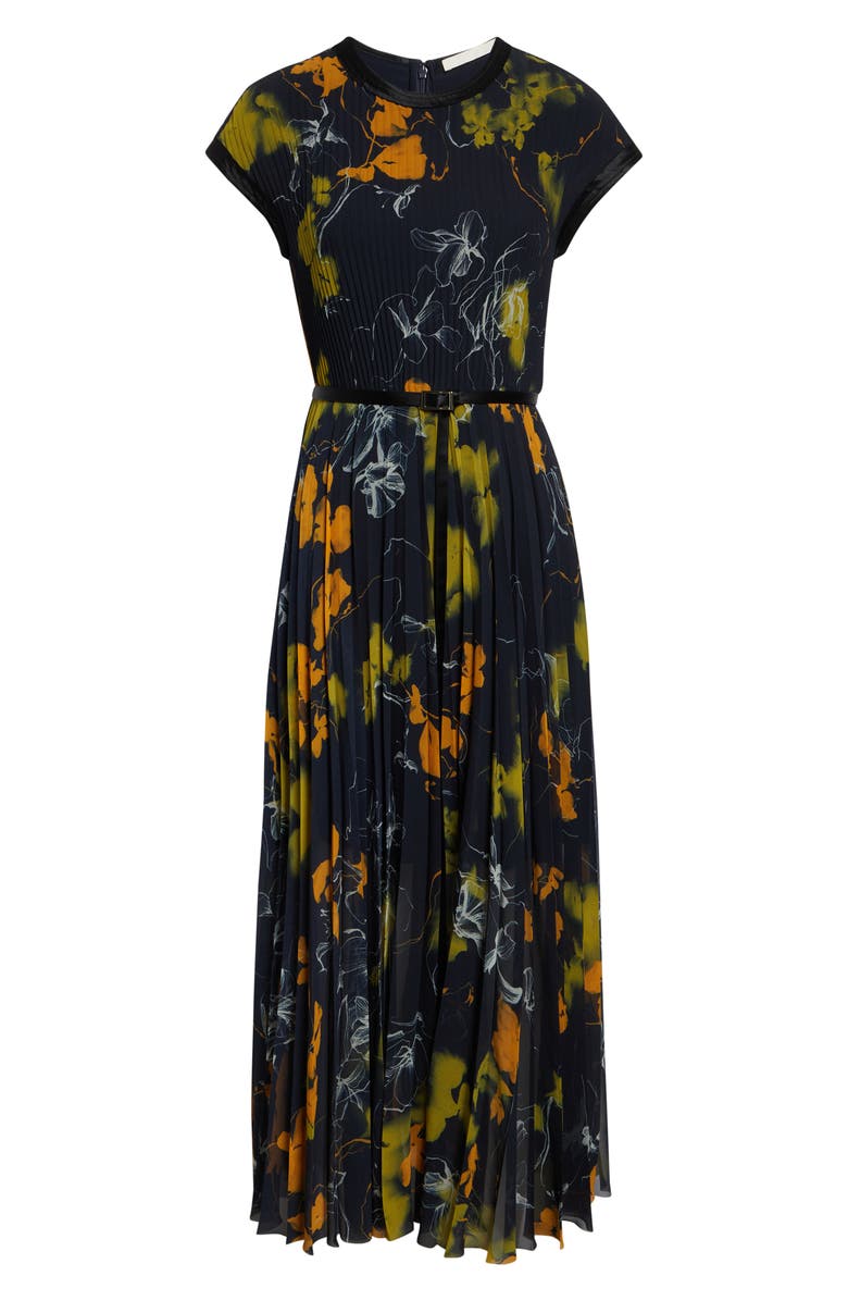 Jason Wu Collection Shadow Floral Print Pleated Georgette Midi Dress, Alternate, color, Ultra Navy