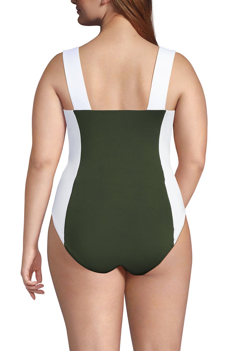Lands' End Square Neck High Leg One Piece Swimsuit, Alternate, color, Rich Olive Green/White