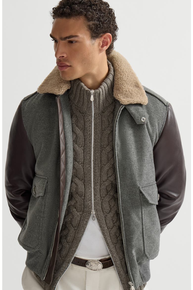 Bonded cashmere beaver cloth and nappa leather bomber jacket with  Thermore® padding and detachable shearling collar, Alternate, color, Medium Grey