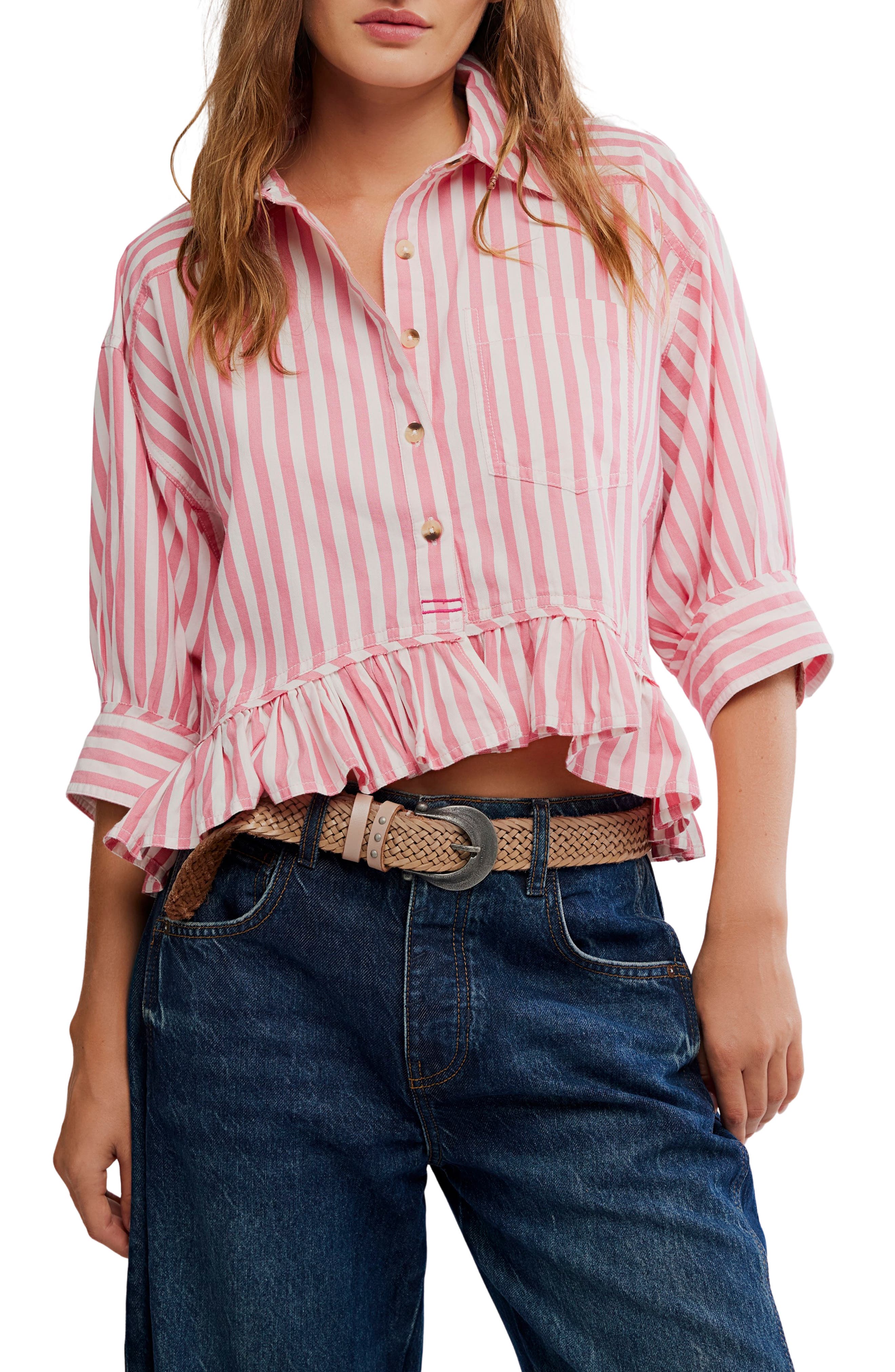 Free People Bailey Stripe Ruffle Hem Cotton Button-Up Shirt