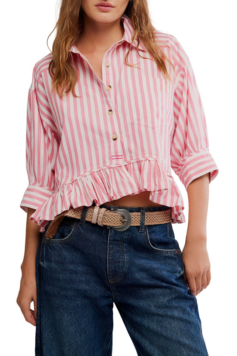 Bailey Stripe Ruffle Hem Cotton Button-Up Shirt, Main, color, CORAL COMBO