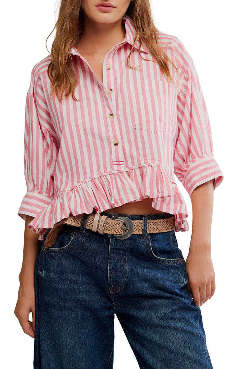 Free People Bailey Stripe Ruffle Hem Cotton Button-Up Shirt, Main, color, Coral Combo