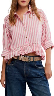 Free People Bailey Stripe Ruffle Hem Cotton Button-Up Shirt