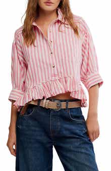 Free People Bailey Stripe Ruffle Hem Cotton Button-Up Shirt