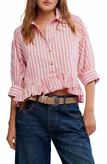 Free People Bailey Stripe Ruffle Hem Cotton Button-Up Shirt