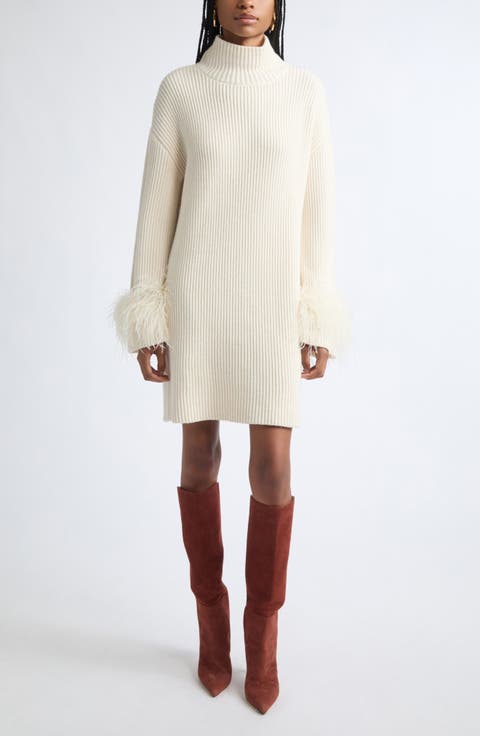 Kay Feather Trim Mock Neck Sweater Dress