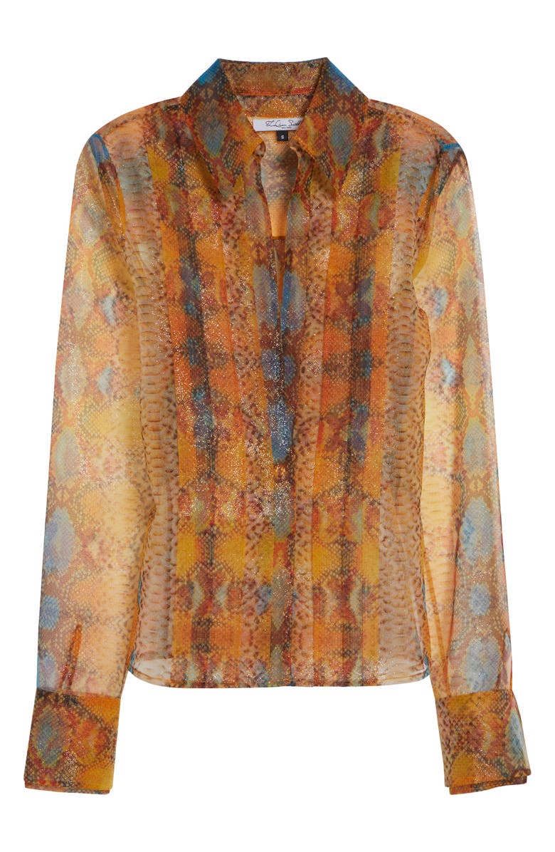 LaQuan Smith Shimmer Snakeskin Print Pleated Double Cuff Button-Up Shirt, Alternate, color, Snake