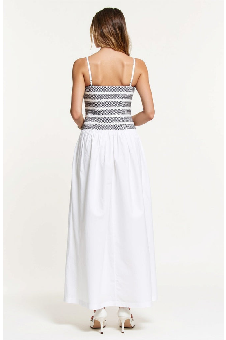 Smocked Bodice A-Line Maxi Dress with Gathered Skirt, Alternate, color, White / Black Striped