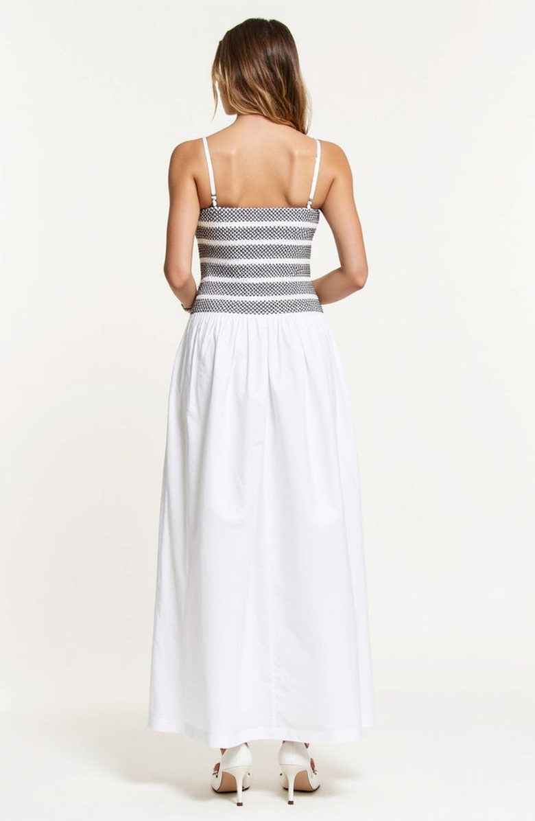 Modenaire Smocked Bodice A-Line Maxi Dress with Gathered Skirt, Alternate, color, White / Black Striped