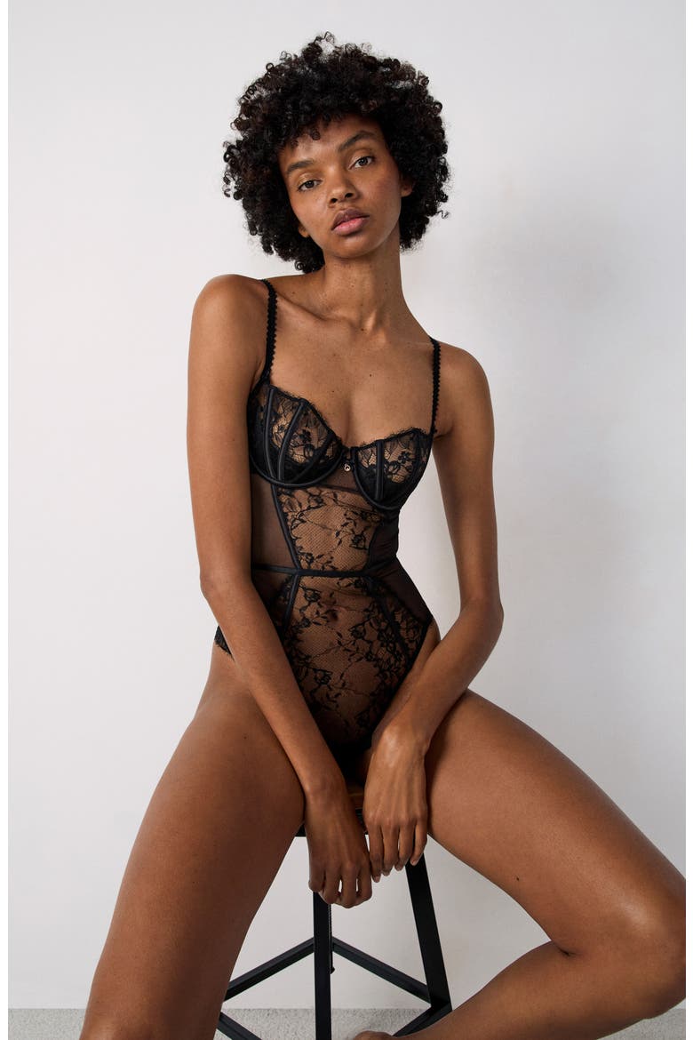 Mascarade Embroidered Underwire Bodysuit, Alternate, color, BLACK