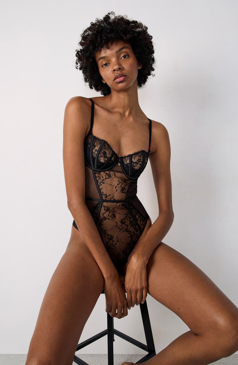 Etam Mascarade Embroidered Underwire Bodysuit, Alternate, color, Black