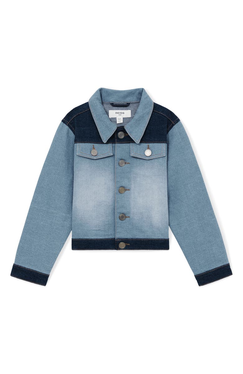 Reiss Kids' Briar Colorblock Denim Jacket, Main, color, Blue