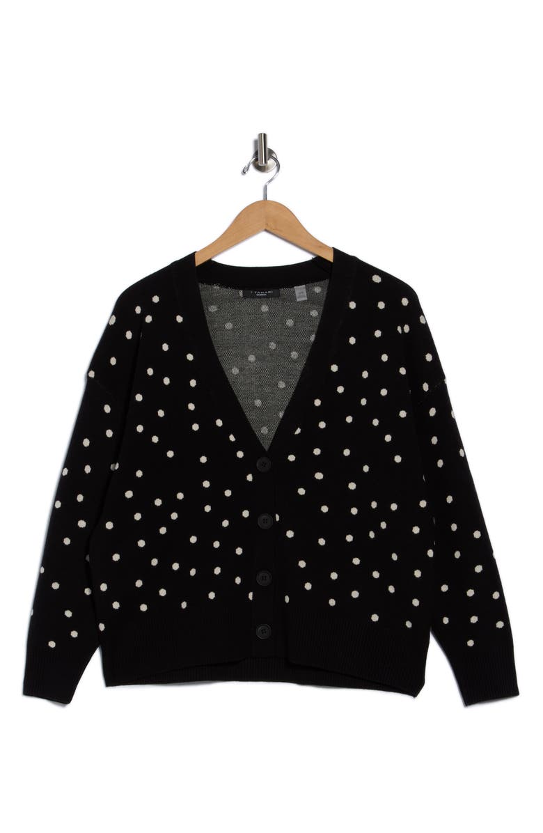 T Tahari V-Neck Double Knit Cardigan, Alternate, color, Black/ White Dot