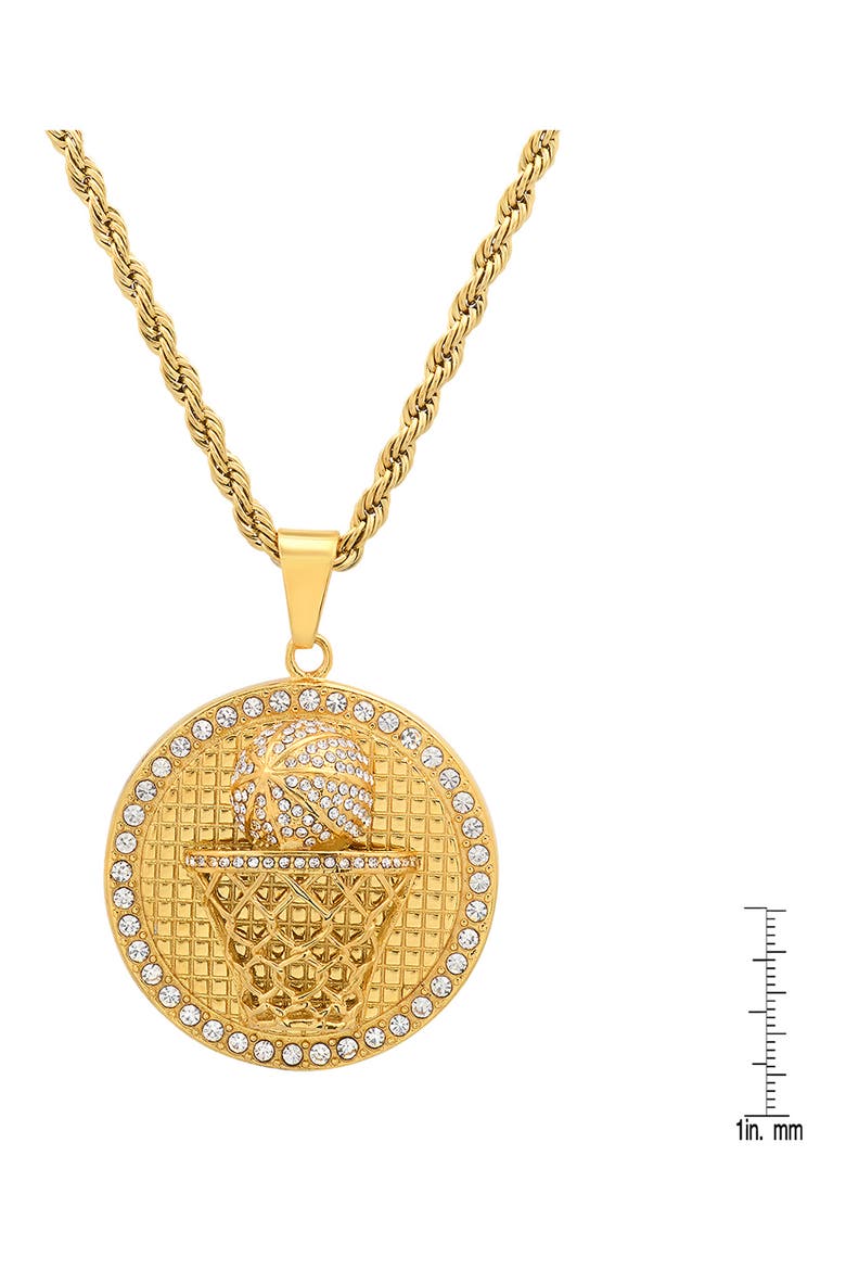 Mens' 18K Gold Plate Stainless Steel Crystal Pavé Basketball Pendant Necklace, Alternate, color, GOLD