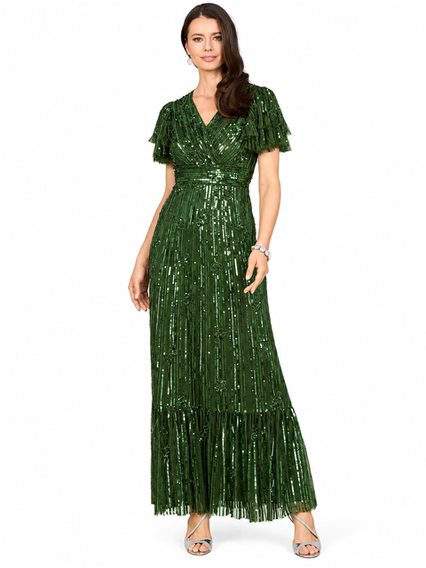 Elegant Beaded Gown with Flutter Sleeves
