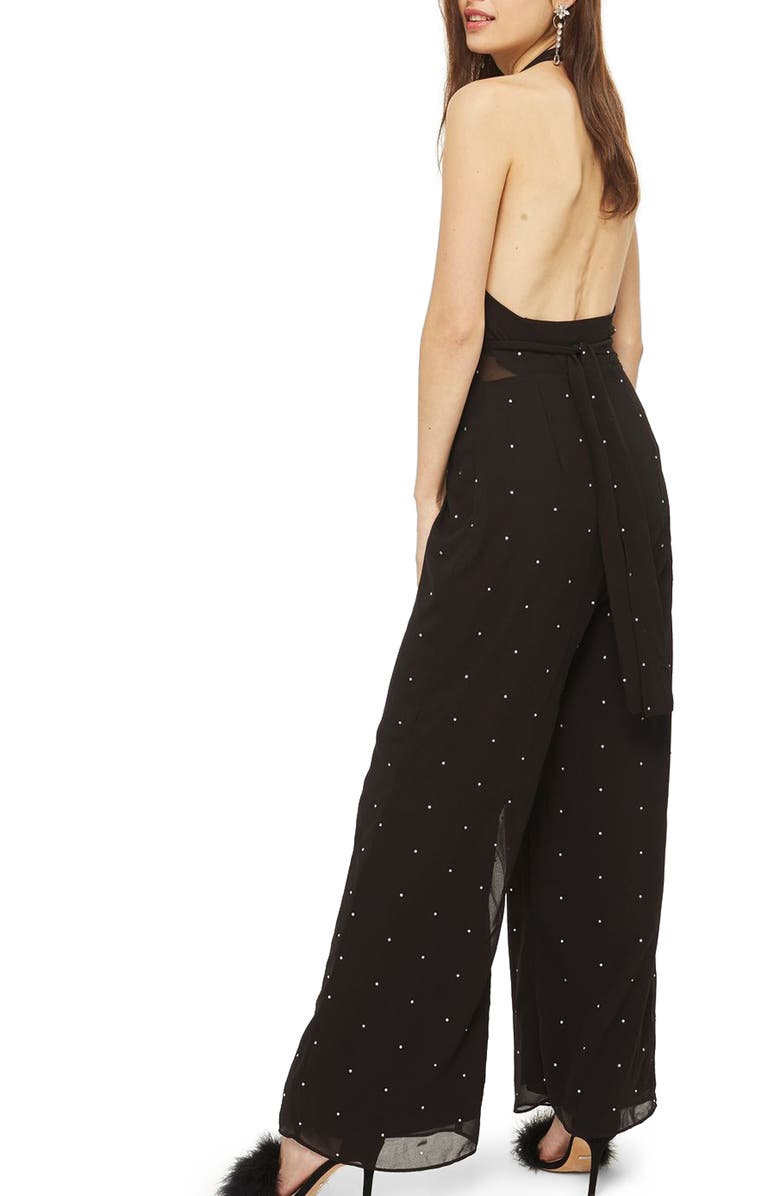 Topshop Crystal Embellished Halter Jumpsuit, Alternate, color, 