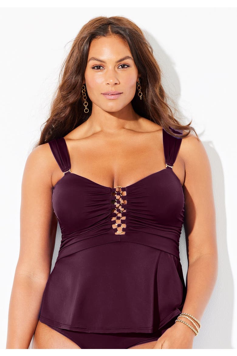 Underwire Shirred Ring Bandeau Tankini Top, Alternate, color, Black Cherry