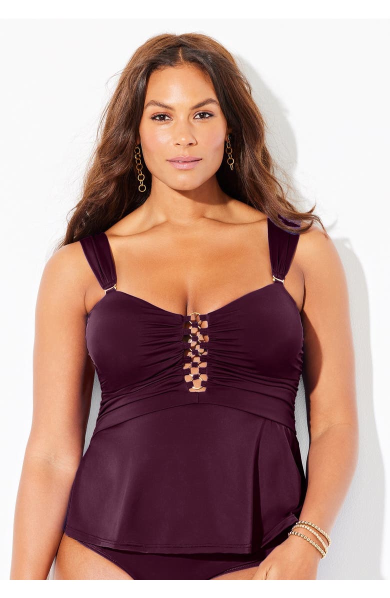 Swimsuits for All Underwire Shirred Ring Bandeau Tankini Top, Alternate, color, Black Cherry