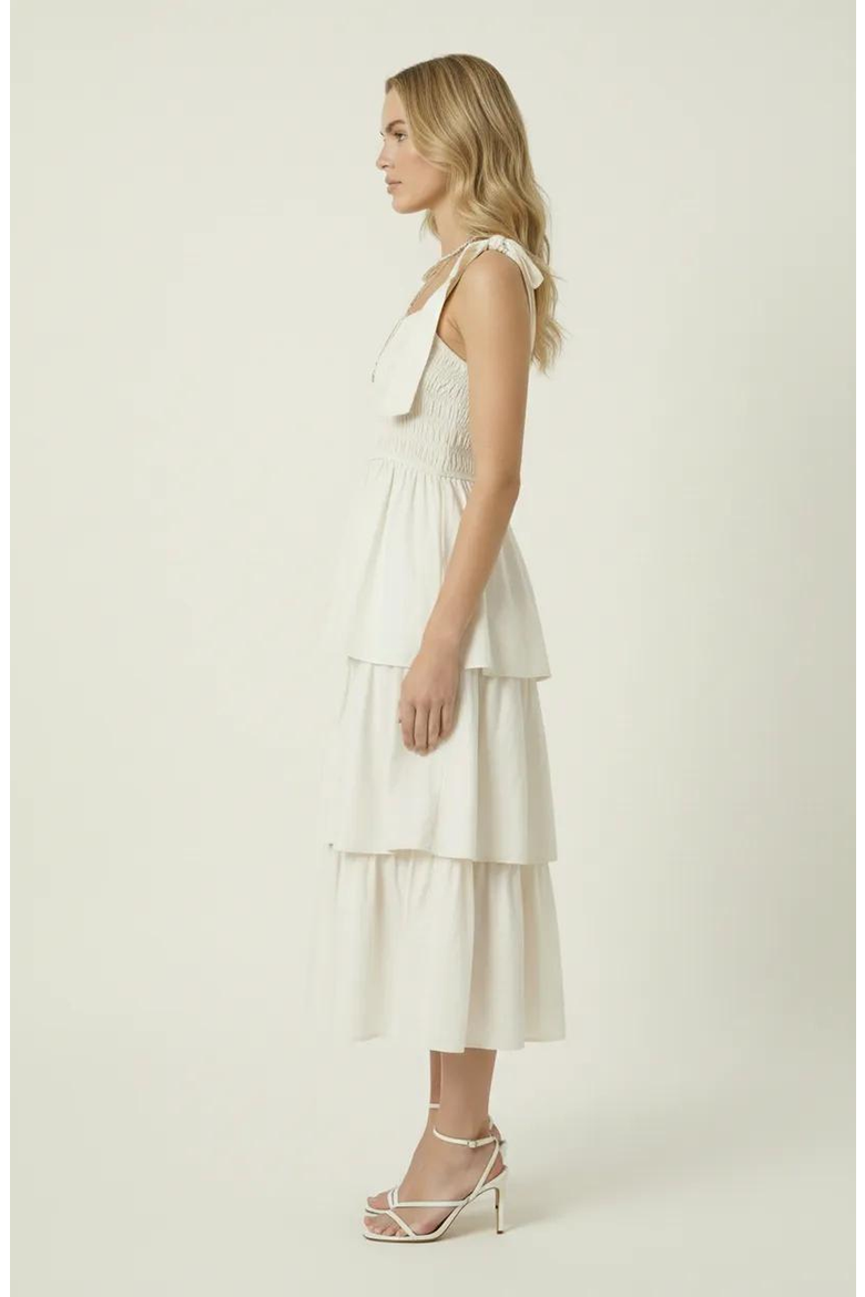 Tiered Smocked Bow-Tie Strap Midi Dress, Alternate, color, Cream