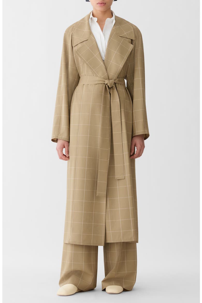 Garden Grid Oversize Belted Tropical Wool Blend Duster, Main, color, CADET KHAKI MULTI