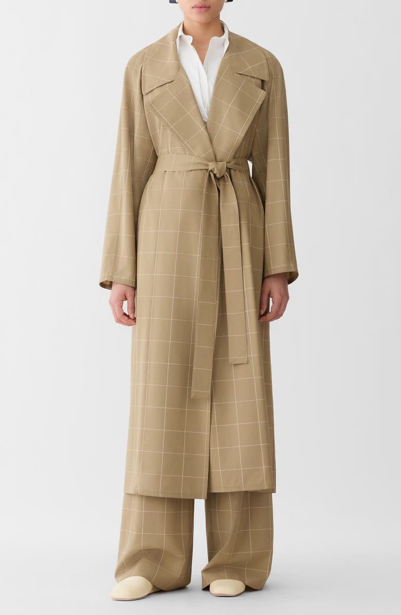 Lafayette 148 New York Garden Grid Oversize Belted Tropical Wool Blend Duster, Main, color, Cadet Khaki Multi