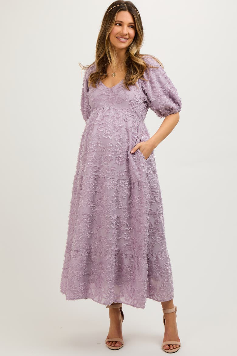 Fringe Textured Short Puff Sleeve Midi Dress, Main, color, Lavender