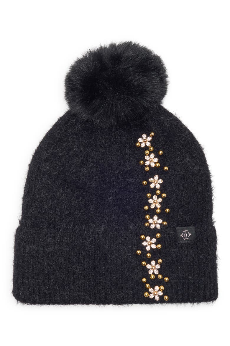 Side Embellished Pom Beanie, Main, color, BLACK