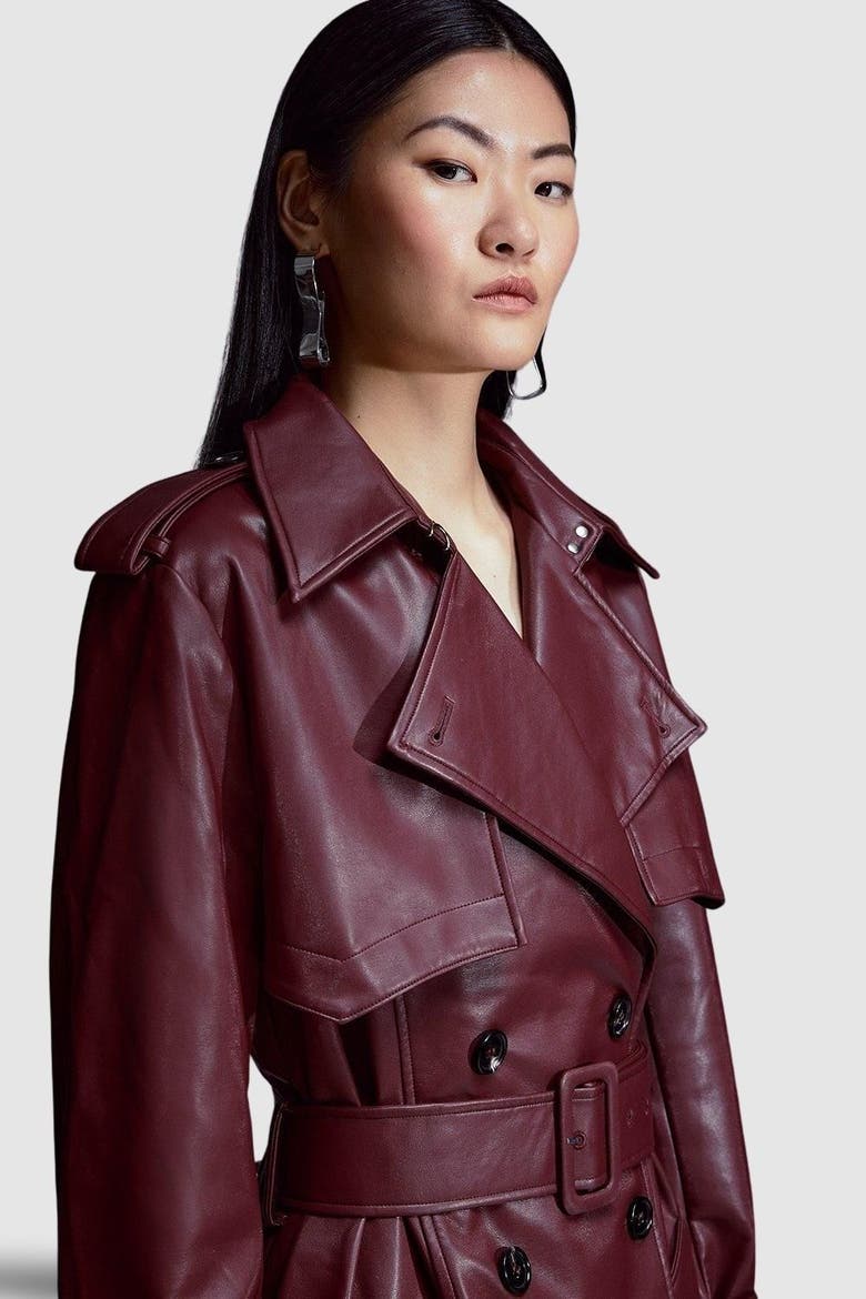 Tailored Faux Leather Belted Trench Coat, Alternate, color, Oxblood