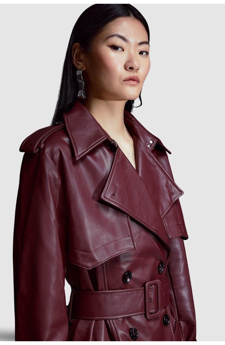 Karen Millen Tailored Faux Leather Belted Trench Coat, Alternate, color, Oxblood