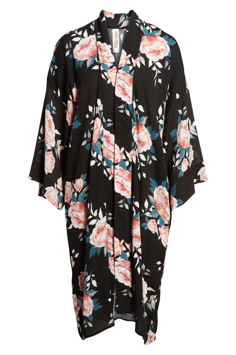 Rose Print Kimono, Alternate, color, BLACK