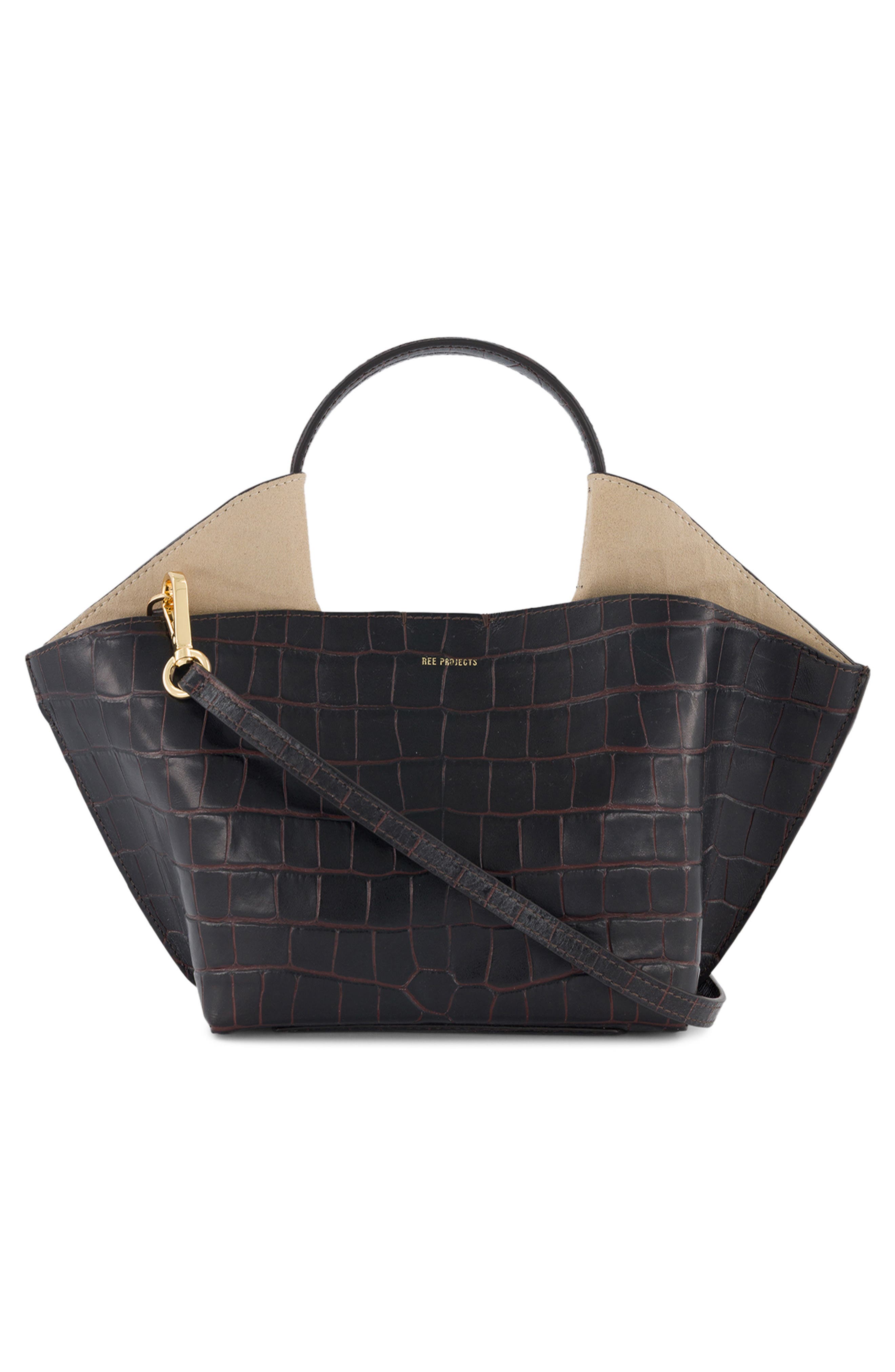 Ree Projects Mini Ann Croc Embossed Leather Tote, Alternate, color, Red Brown