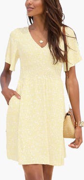 LASCANA Women's Floral Flutter Sleeve Dress