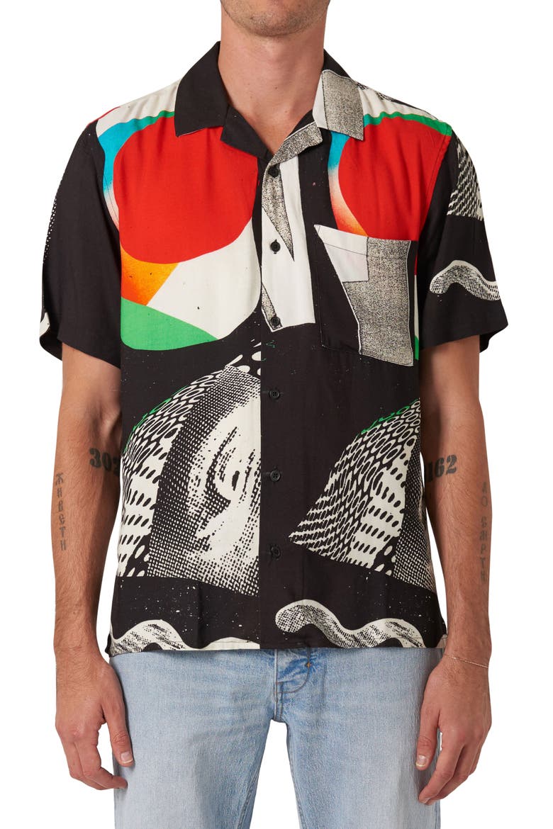 Turrell Art Print Camp Shirt, Main, color, BLACK ART