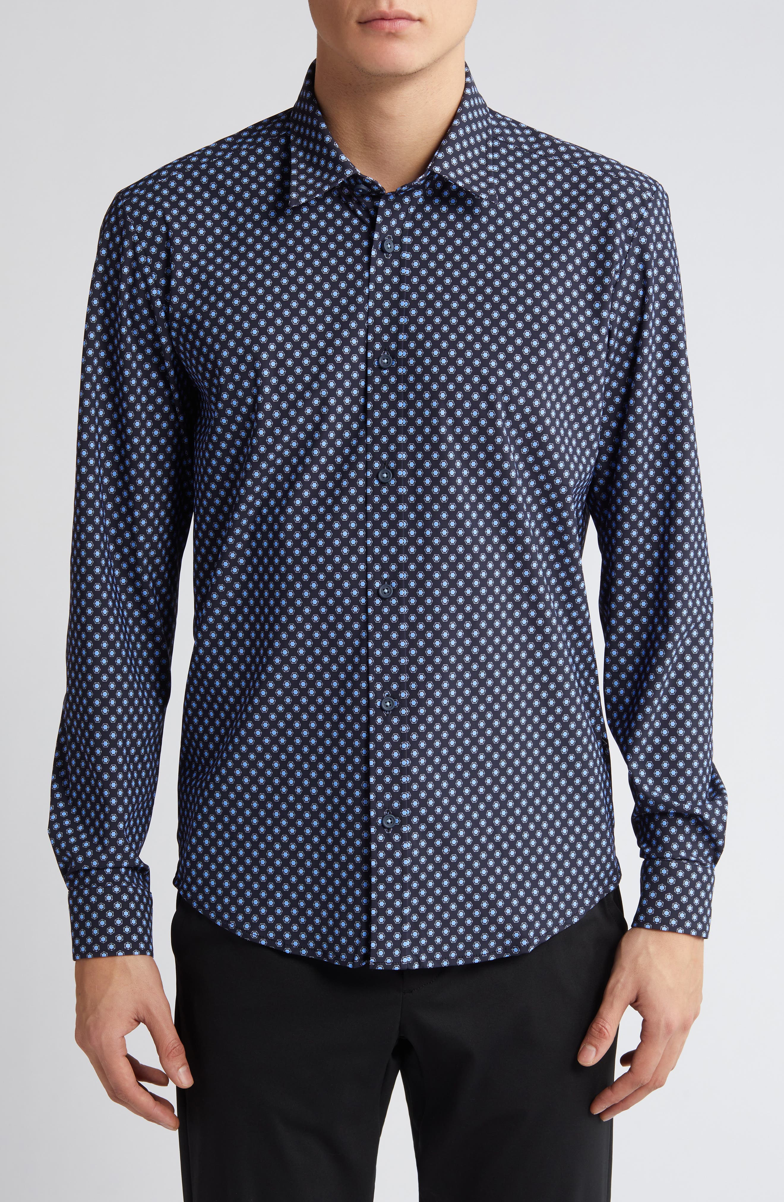 BOSS Liam Regular Fit Geometric Medallion Print Stretch Button-Up Shirt