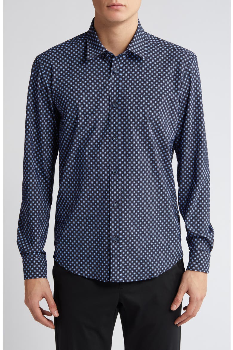 Liam Regular Fit Geometric Medallion Print Stretch Button-Up Shirt, Main, color, NVY