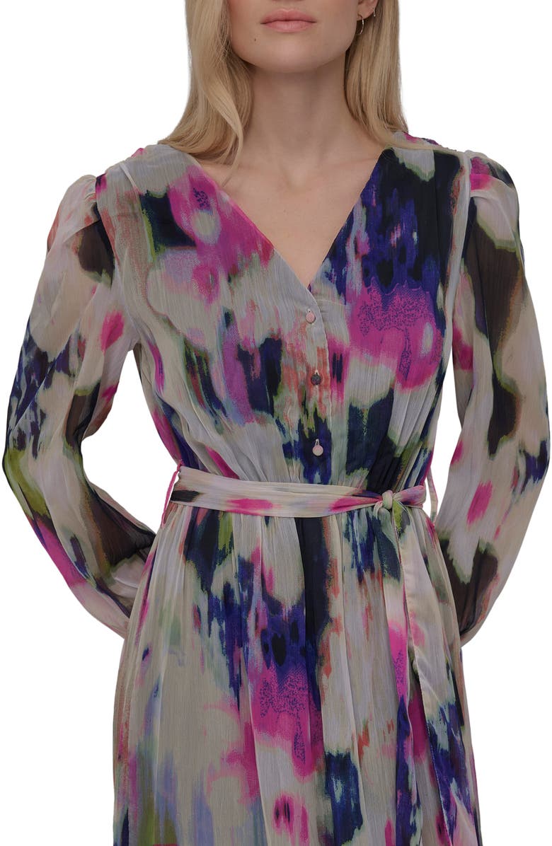 DKNY V-Neck Long Sleeve Fit & Flare Dress, Alternate, color, Navy Multi