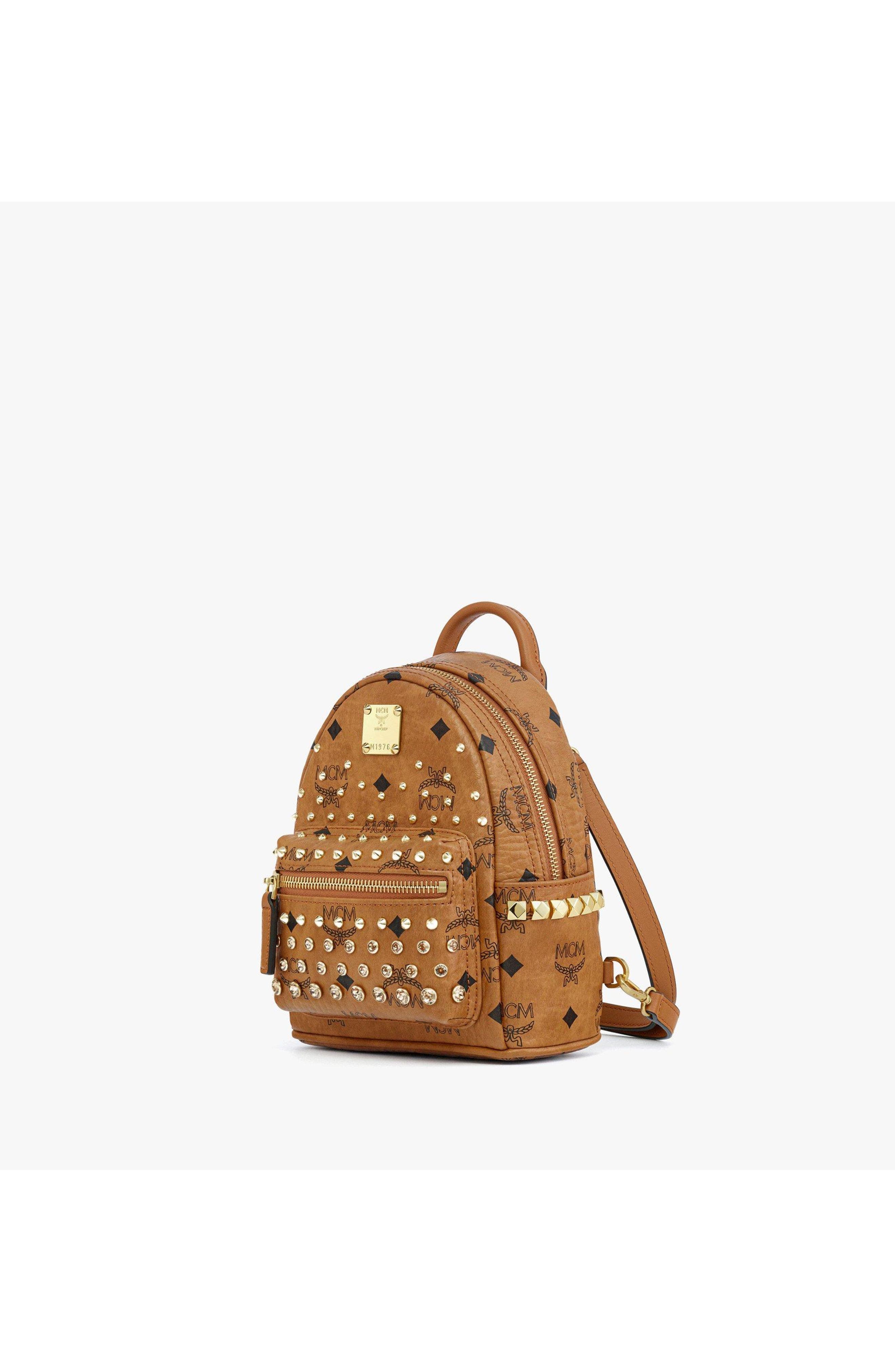 X-Mini Stark Bebe Boo Backpack in Gold Crystal Visetos, Alternate, color, Cognac