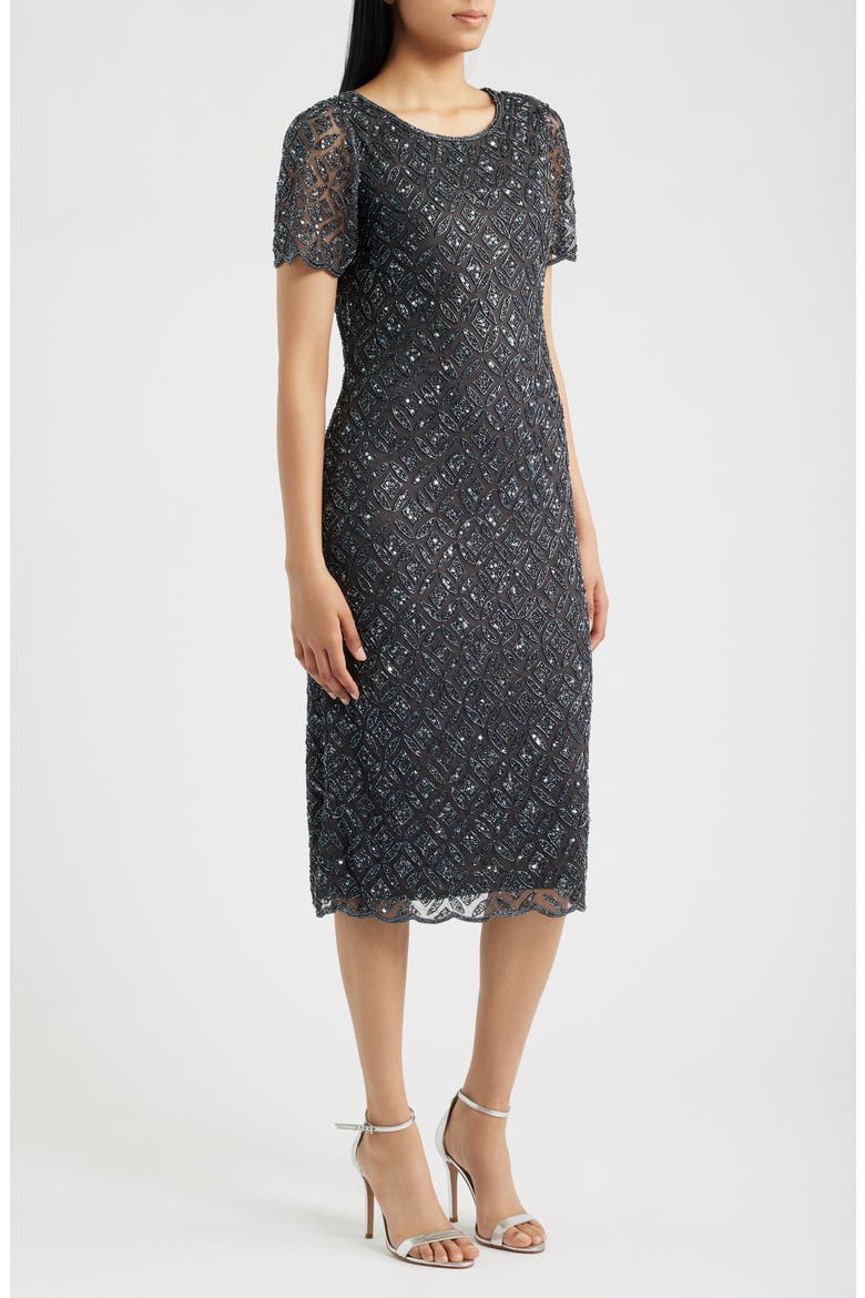 Beaded Midi Cocktail Dress, Alternate, color, SLATE 421