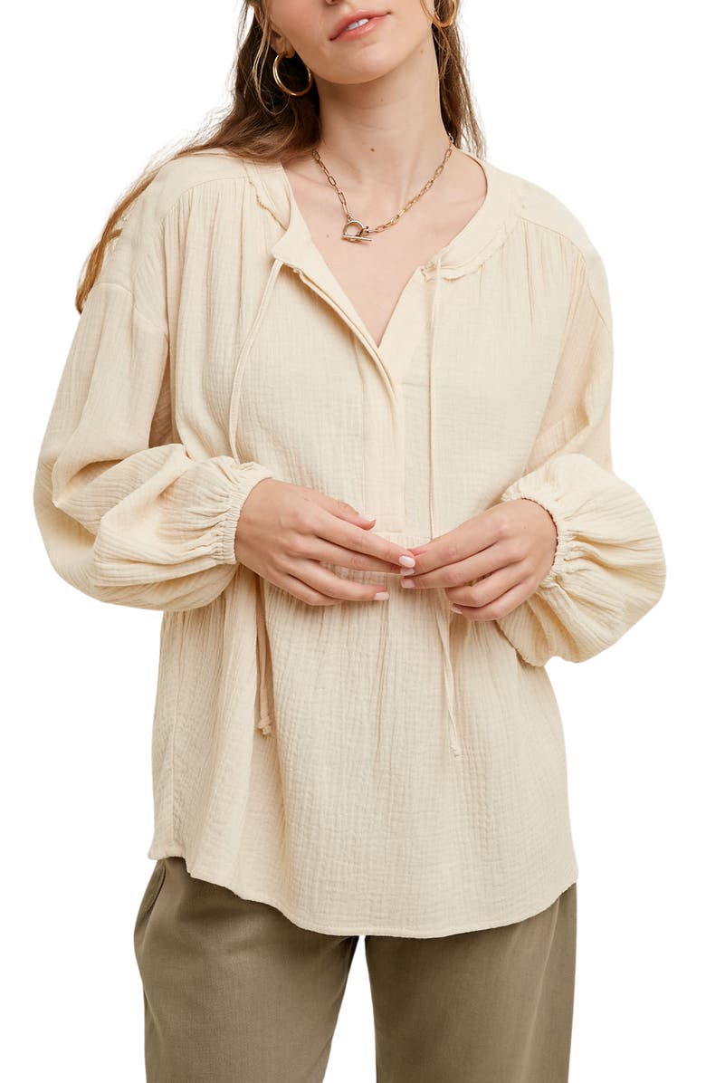 WISHLIST Long Sleeve Cotton Gauze Peplum Top, Main, color, Natural