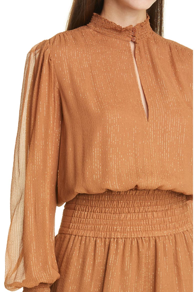 Silvie Smocked Long Sleeve Silk Blend Dress, Alternate, color, BUTTERSCOTCH