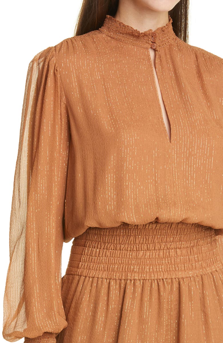 A.L.C. Silvie Smocked Long Sleeve Silk Blend Dress, Alternate, color,