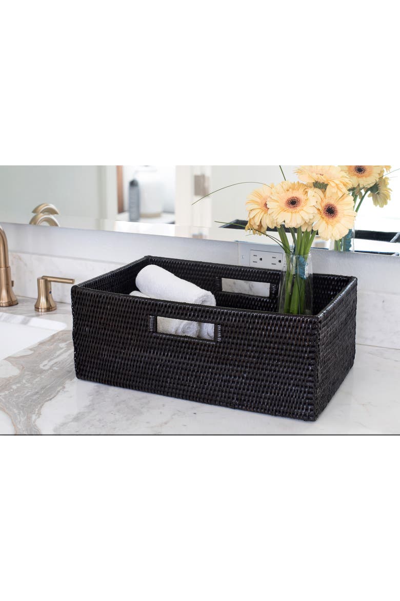 Artifacts Rattan Rectangular Shelf basket with Side handles, Alternate, color, Tudor Black