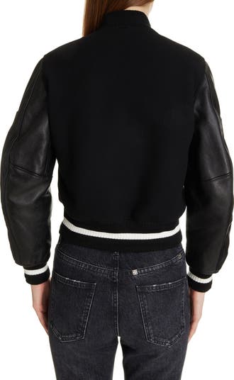 【GIVENCHY】CROPPED VARSITY W/ LEATHER SLEEVES Givenchy Regular Fit Leather & Wool Blend Crop Varsity