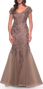 La Femme Lace and Tulle Mermaid Gown with Cap Sleeves