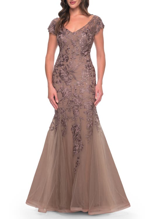 La Femme Lace And Tulle Mermaid Gown With Cap Sleeves In Cocoa