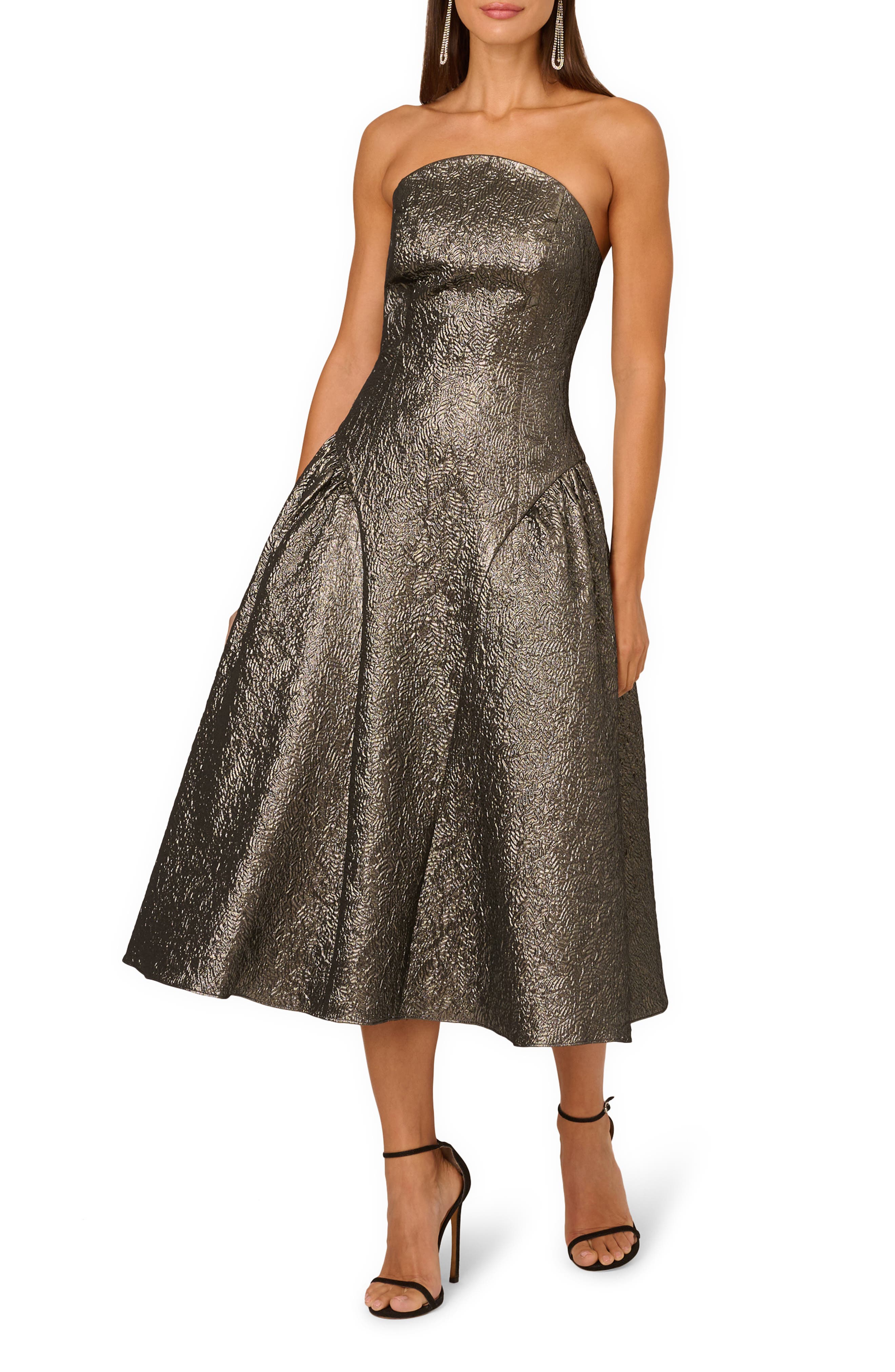 Adrianna Papell Metallic Jacquard Strapless Midi Dress